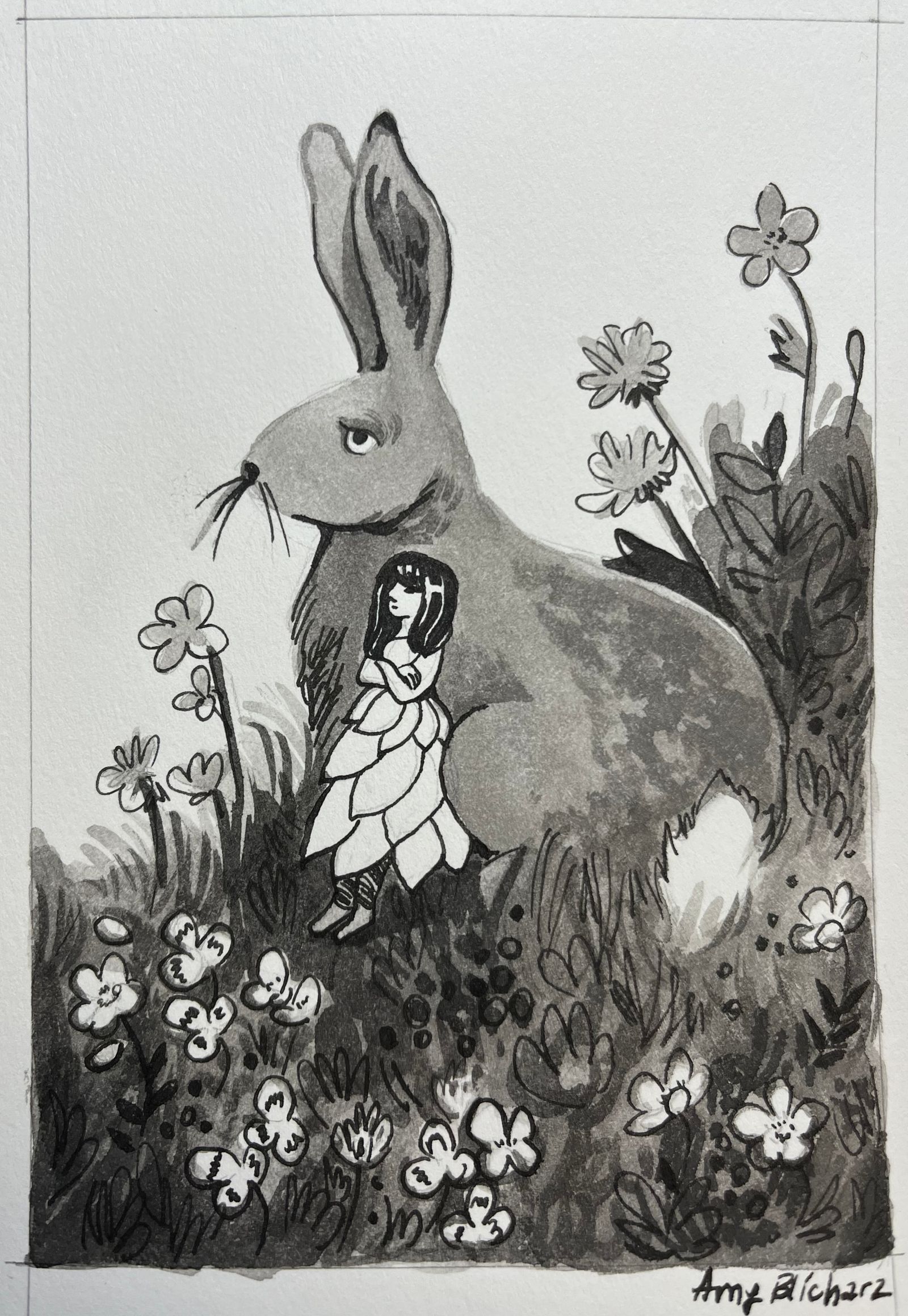 A tiny girl in a dress made of flower petals leans against her friend, a rabbit.