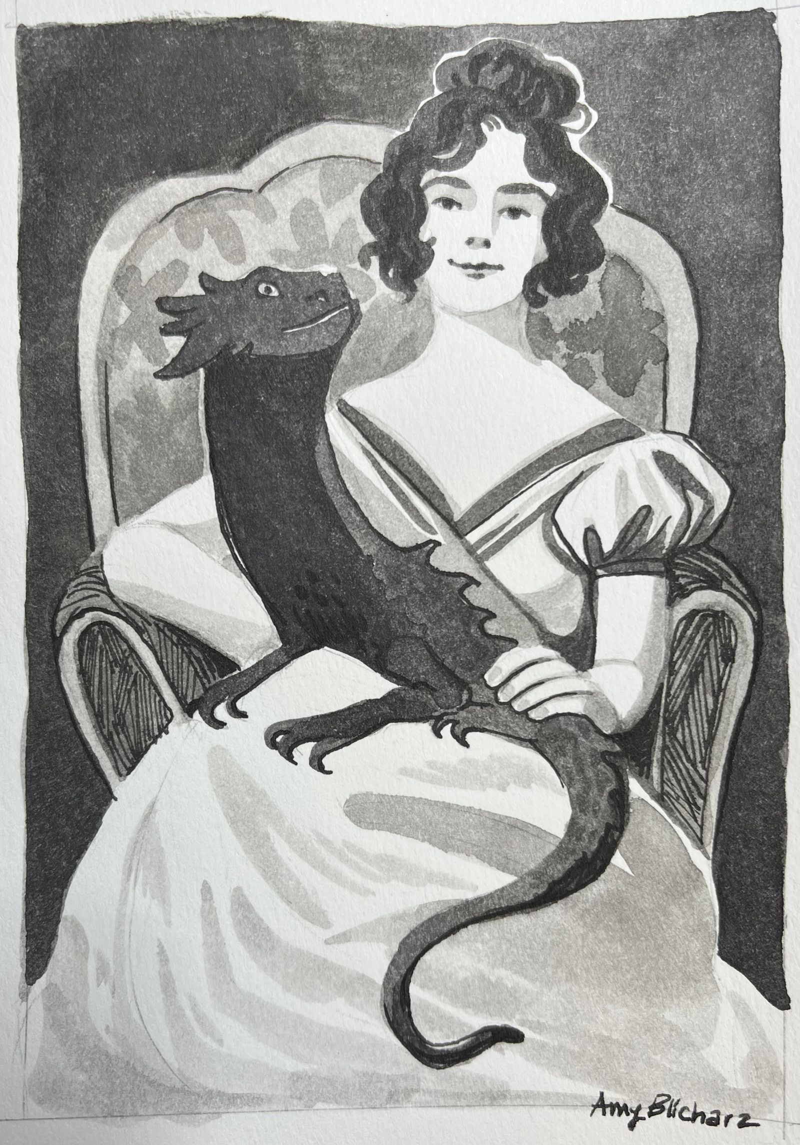 A young woman poses for a portrait with her favorite pet, a lap dragon.