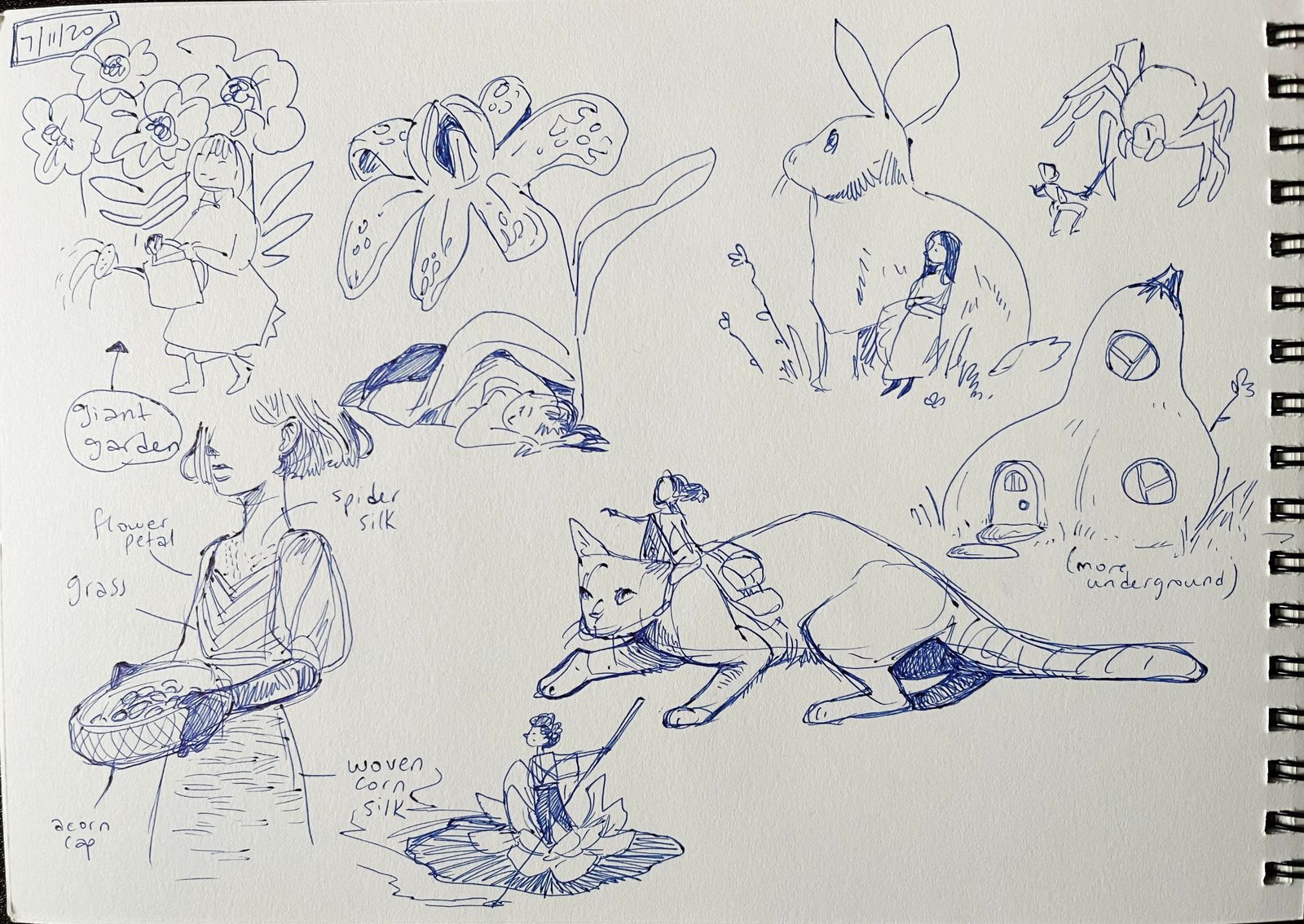 Page from a sketchbook: tiny people with large flowers, dueling spiders, hanging out with cats and rabbits, and others.