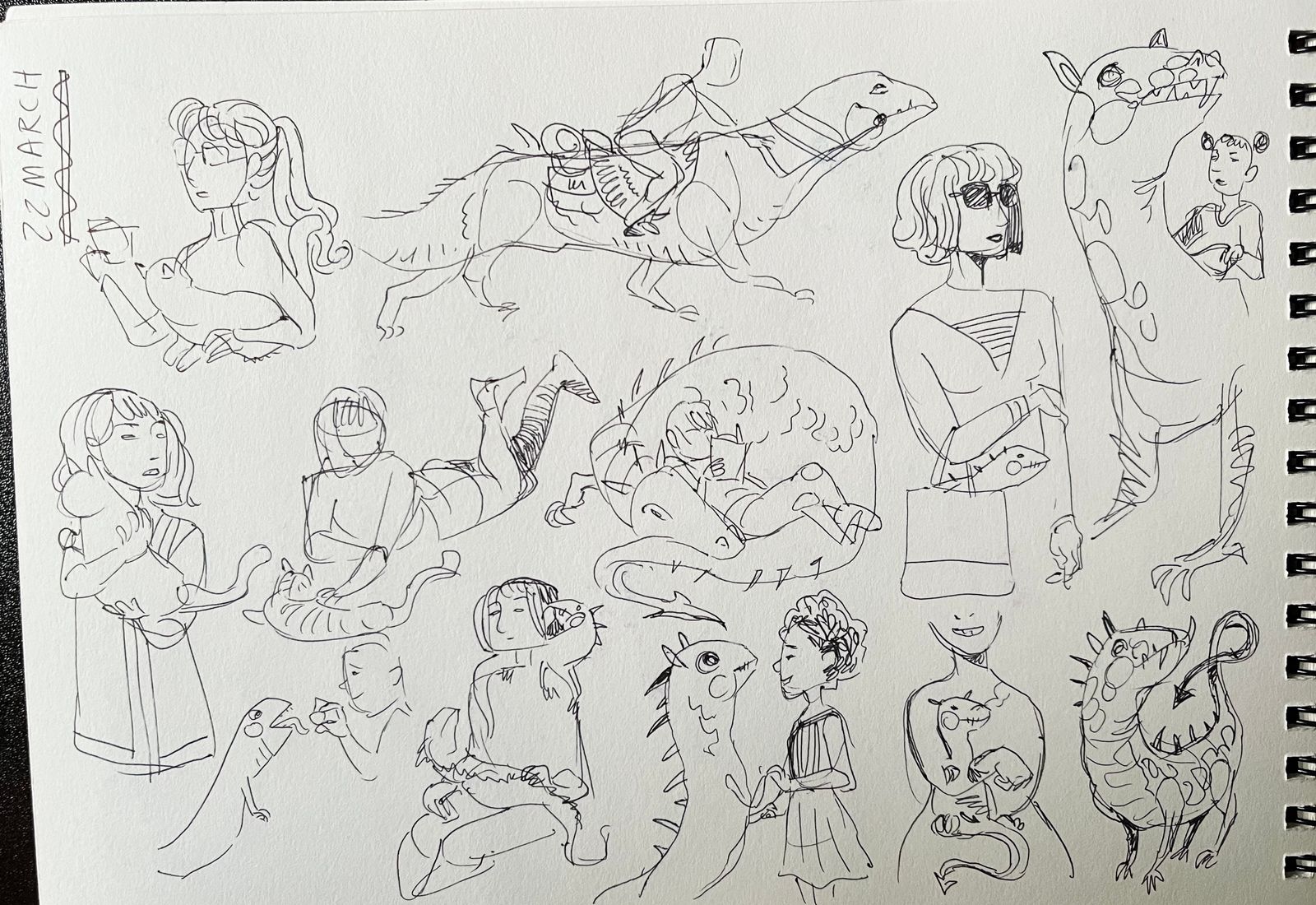 Page from a sketchbook: people interacting with dragons the size of dogs or horses