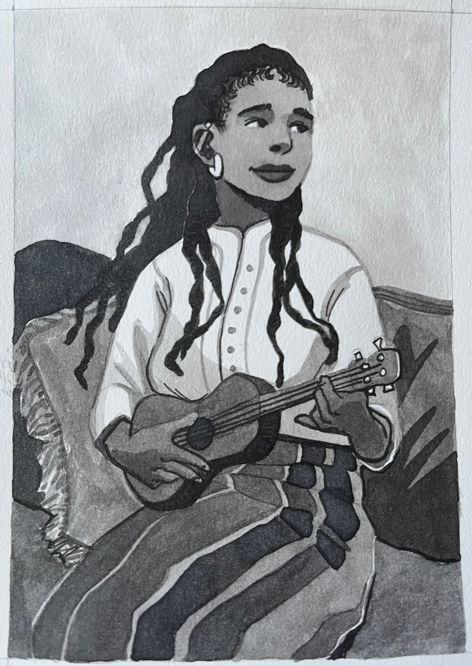 A young woman plays ukulele