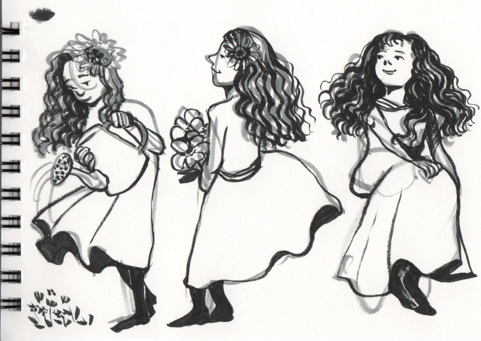 Loose sketches of a girl with curly hair wearing a sundress