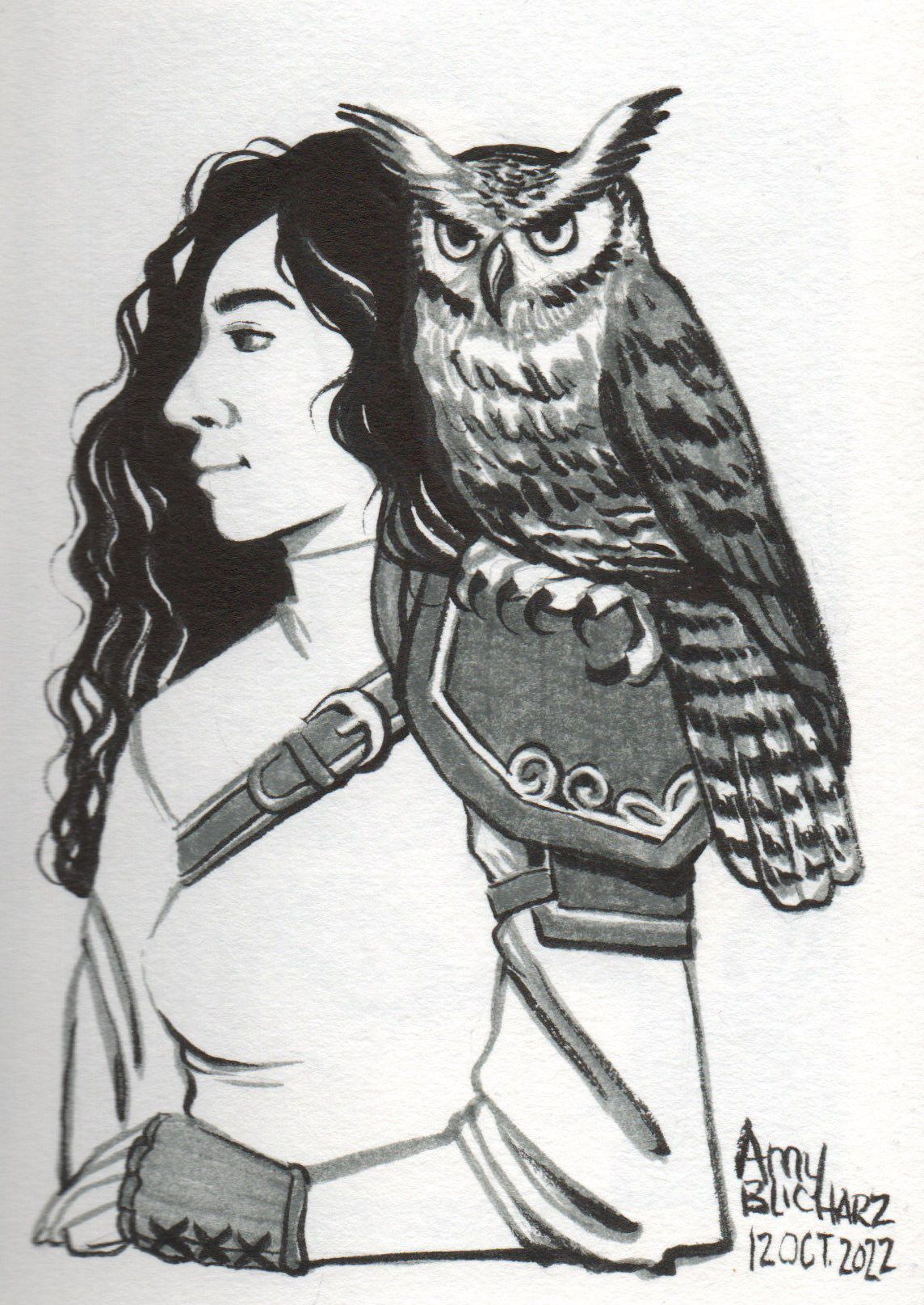 A woman with long wavy hair stands with an owl on her shoulder