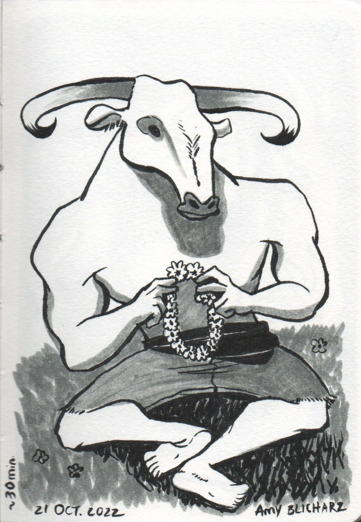 A minotaur sits on the grass holding a daisy chain