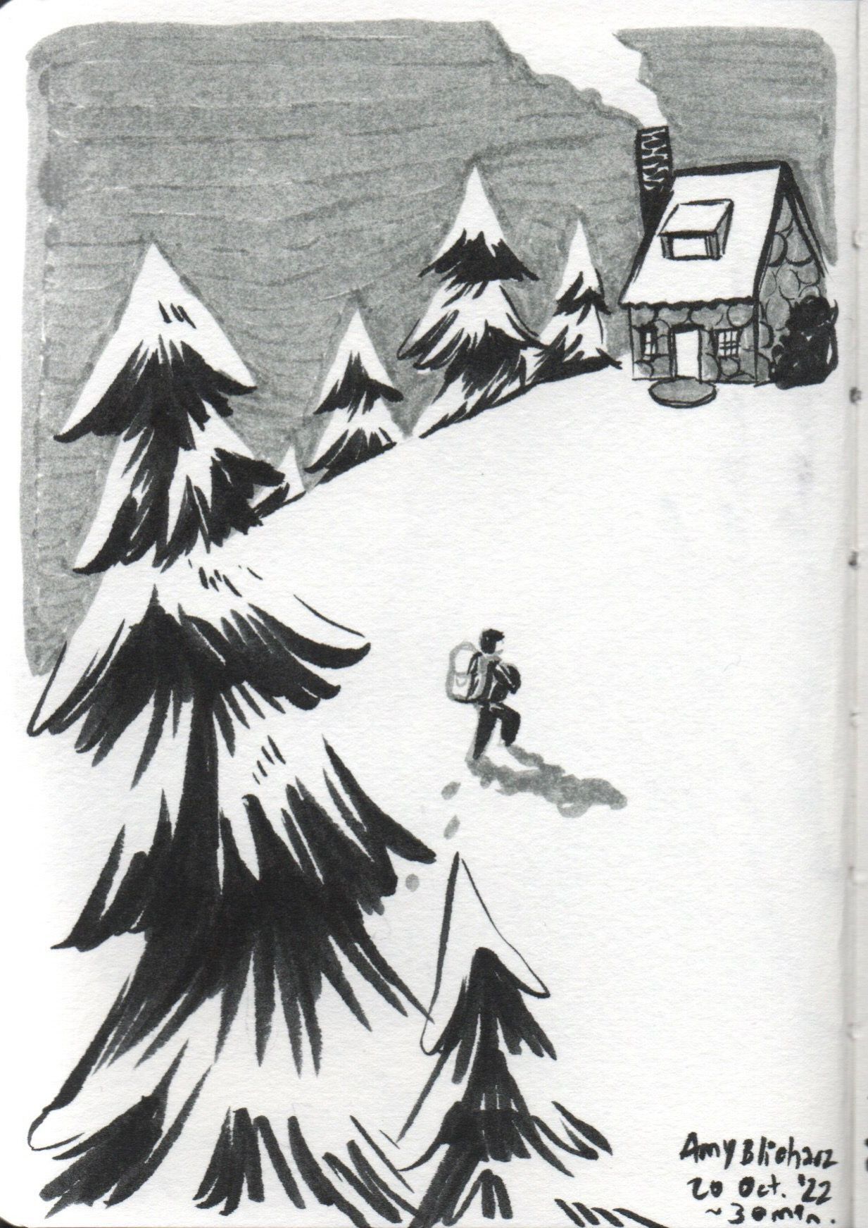 A man trudges home in the snow to a cottage at the top of a hill