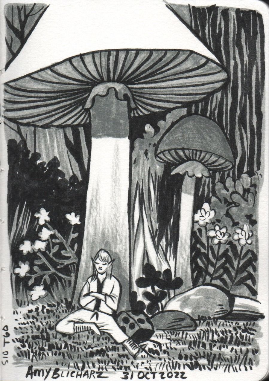 A fairy and ladybug take a nap under a mushroom