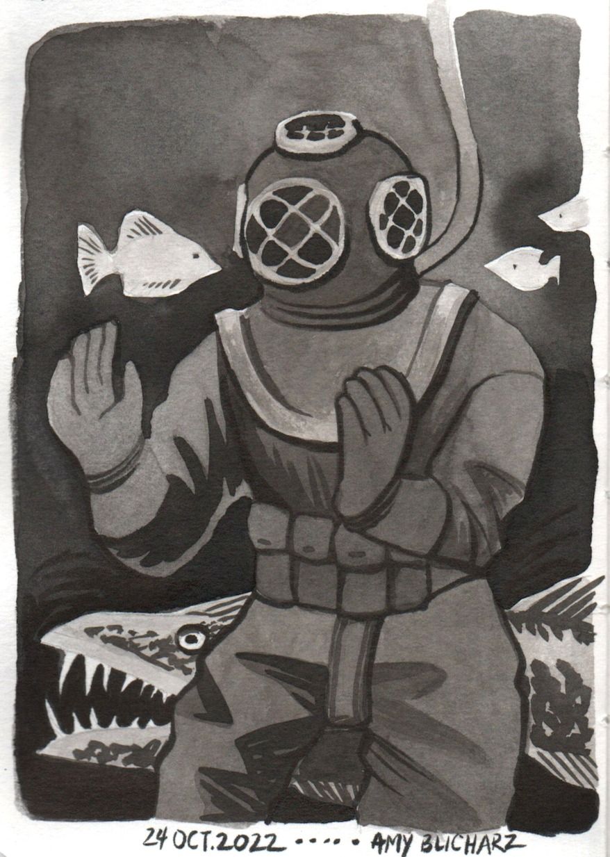 A deep sea diver looks at a small fish while a bigger fish with sharp teeth lurks in the background